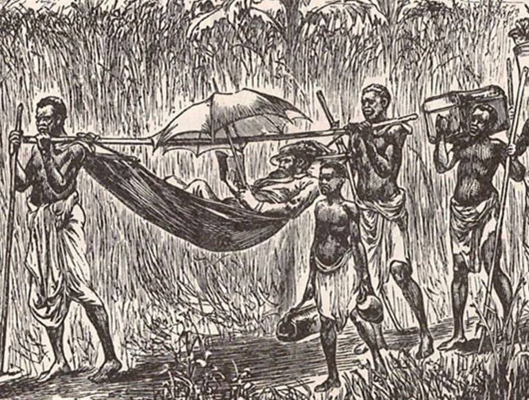 Sklaven, die einen Mann und seine Ausrüstung tragen: Nur ein Beispiel für Rassismus und Kolonialismus.