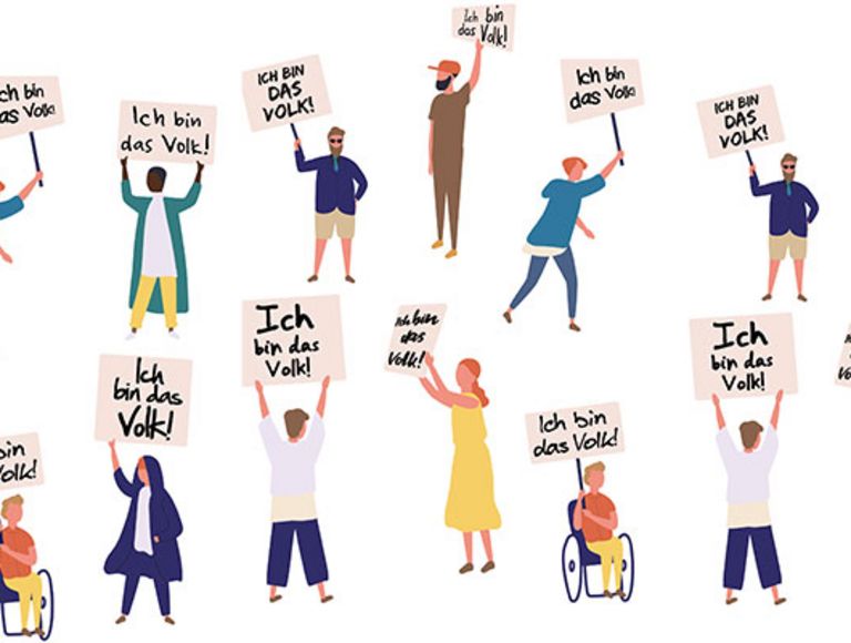Verschiedene Menschen tragen Plakate mit der Aufschrift "Ich bin das Volk!".