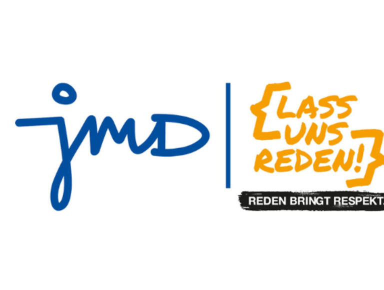 Logo der Jugendmigrationsdienste. Schriftzug: JMD - Lass uns reden!