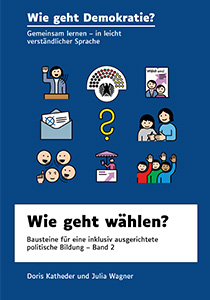 Das Cover "Wie geht wählen?" zeigt verschiedene Situationen rund um Wahlen, darunter Wahlplakate, Infostände und Briefwahl.